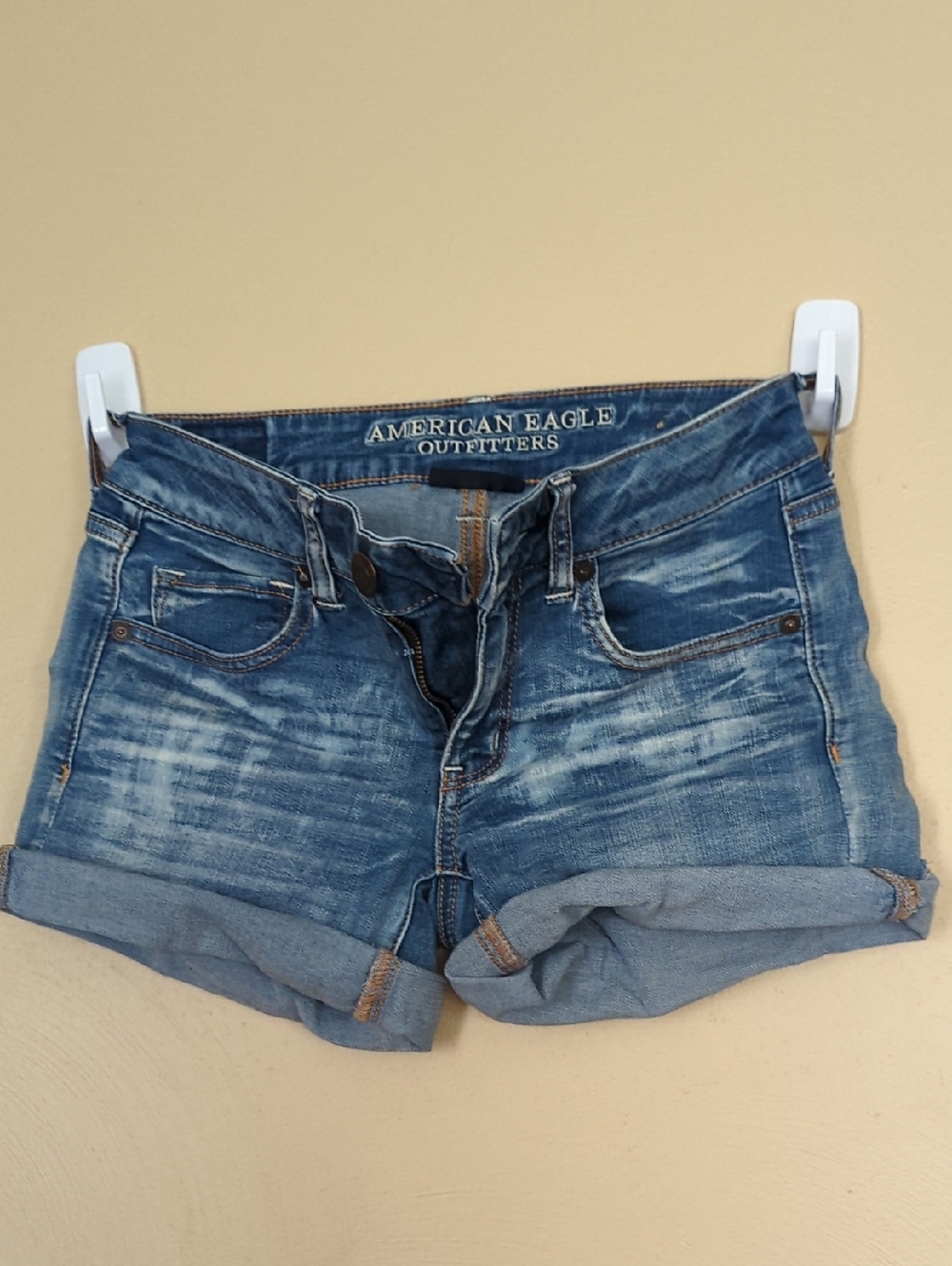 American Eagle Outfitters Distressed Medium Blue Denim Cuffed Shorts